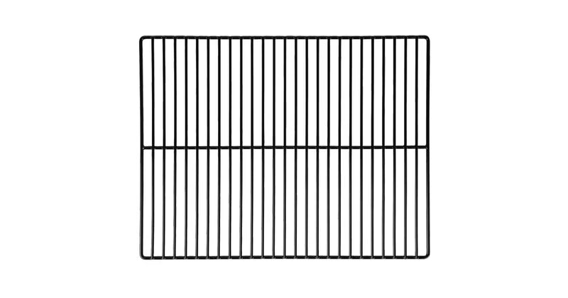 Black metal grill grate on a white background