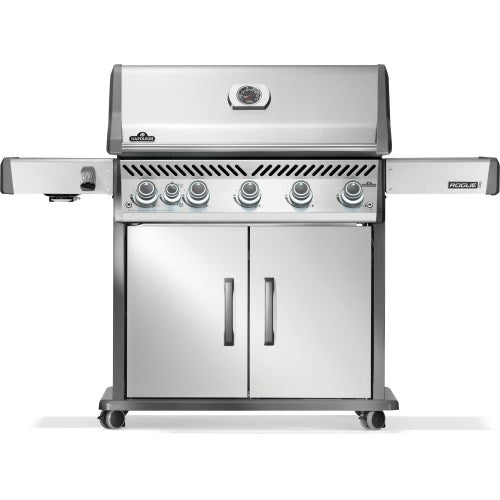 Stainless steel grill with four burners on a white background
