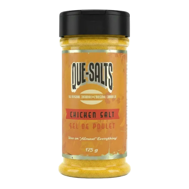 A 175 g plastic shaker bottle of Que-Salts Chicken Salt, featuring a black lid and a textured orange label with black and red text, set against a plain white background.