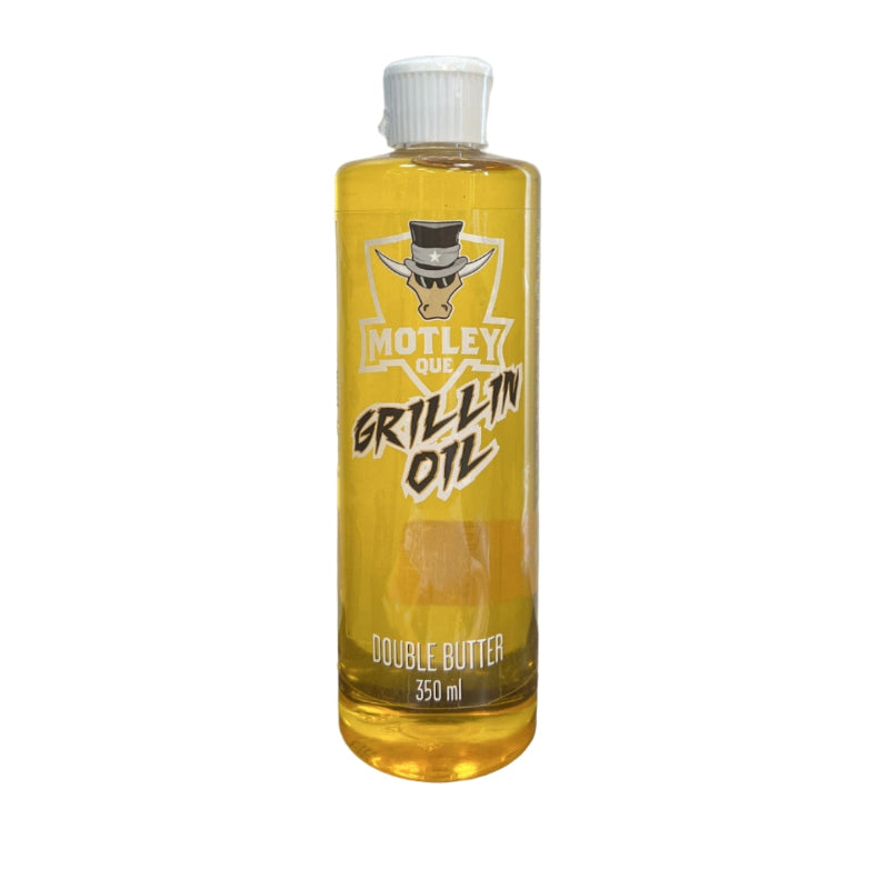 Bottle of Motley Que Grillin' Oil on a white background