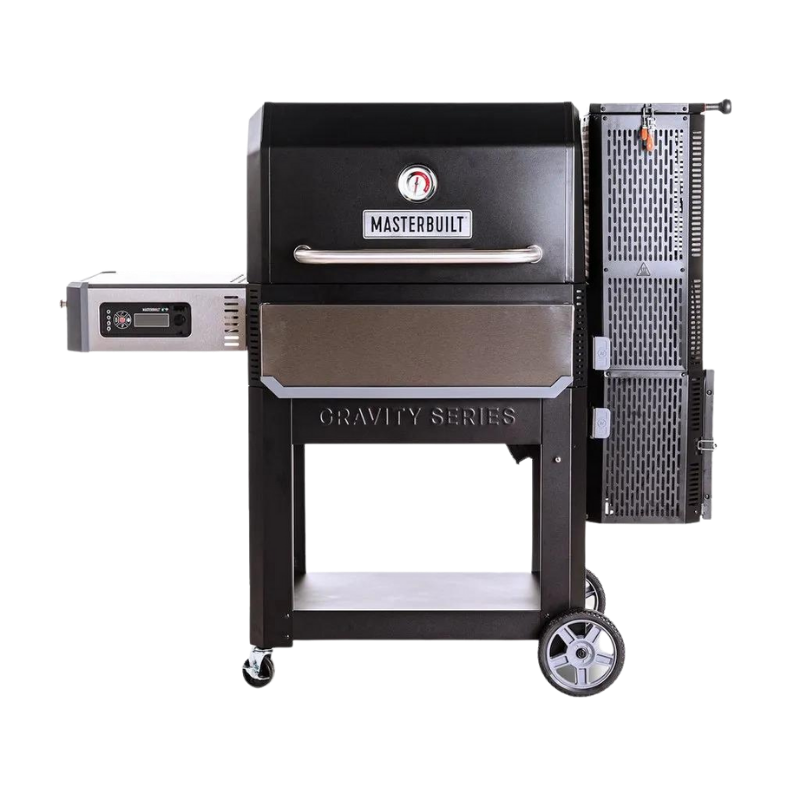 Black, rectangular grill on wheels with a fuel hopper on the right side and a metal shelf with controls on the left side