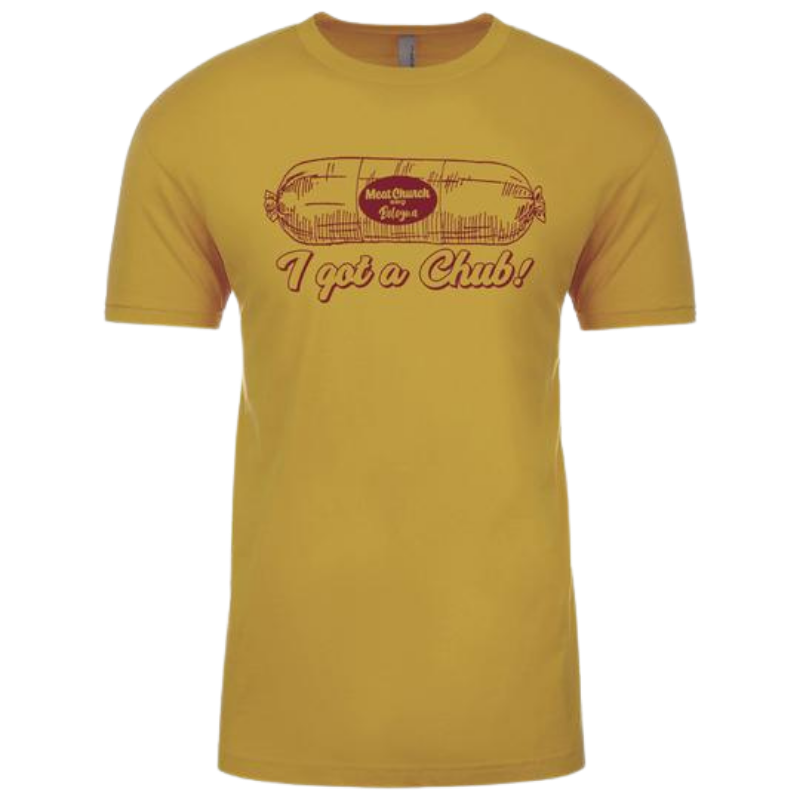 Mustard yellow t-shirt with a picture of a Bologna chub that reads 
