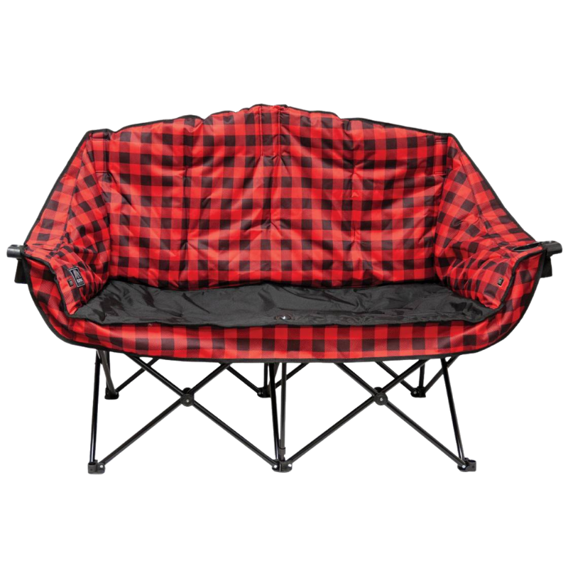 Double wide red plaid lawn chair with cupholders and heat control buttons on both sides