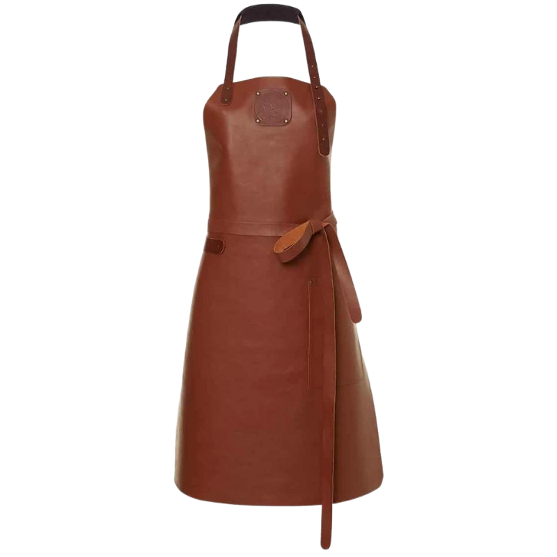 Ladies fit, brown leather apron with patch logo on front