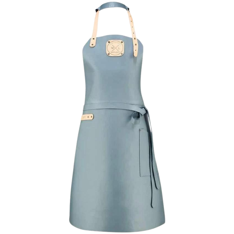 Ladies fit, blue with nude accents leather apron with patch logo on front