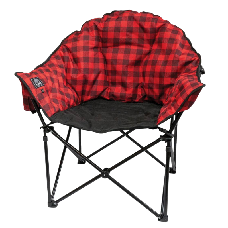 Red plaid lawn chair with heat control button on left side