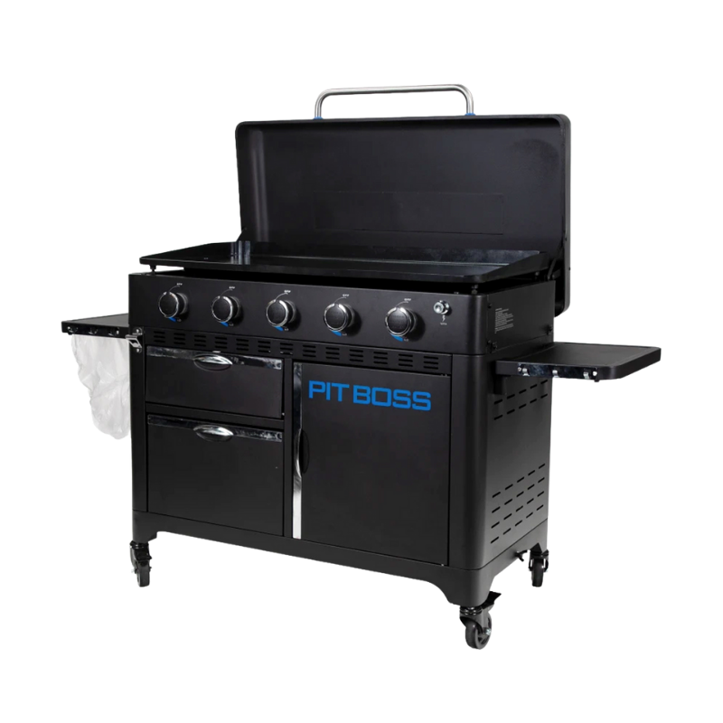 Pit Boss 5-Burner Ultimate Griddle shown with the lid open exposing the flat cooking surface