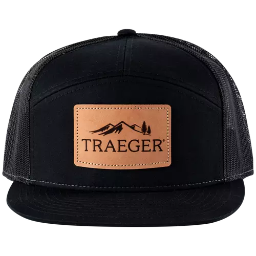 Black hat with leather patch with black Traeger logo