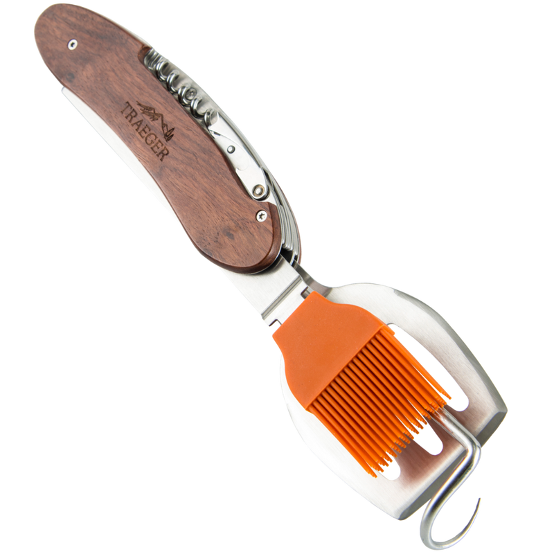 Swiss Army Knife-like multitool with a silicone brush, regular flipper, pig tail flipper, corkscrew, and bottle opener