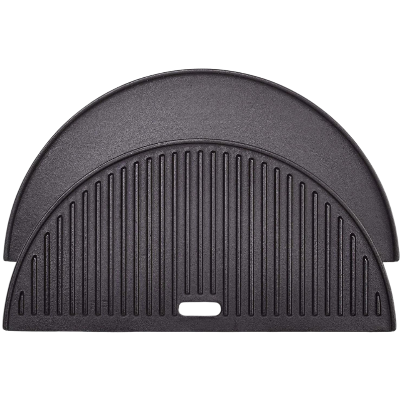 Cast iron semi circle with a flat side and a side with grill lines