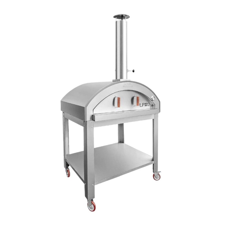 Dome wood oven with large chimney for smoke expulsion and removable front door on a metal cart/stand