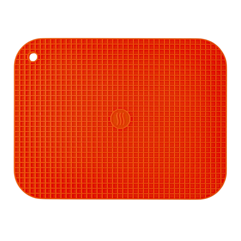 Orange rubber hot pad with grid design, thermoworks logo in the middle, and a hole in the top corner to hang from a hook