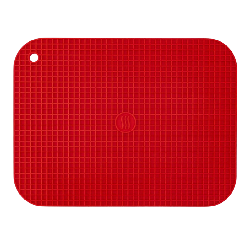 Red rubber hot pad with grid design, thermoworks logo in the middle, and a hole in the top corner to hang from a hook