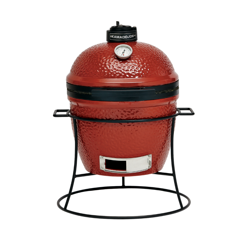 smaller, red, dome-shaped charcoal grill on a black stand with a thermometer and vent on top