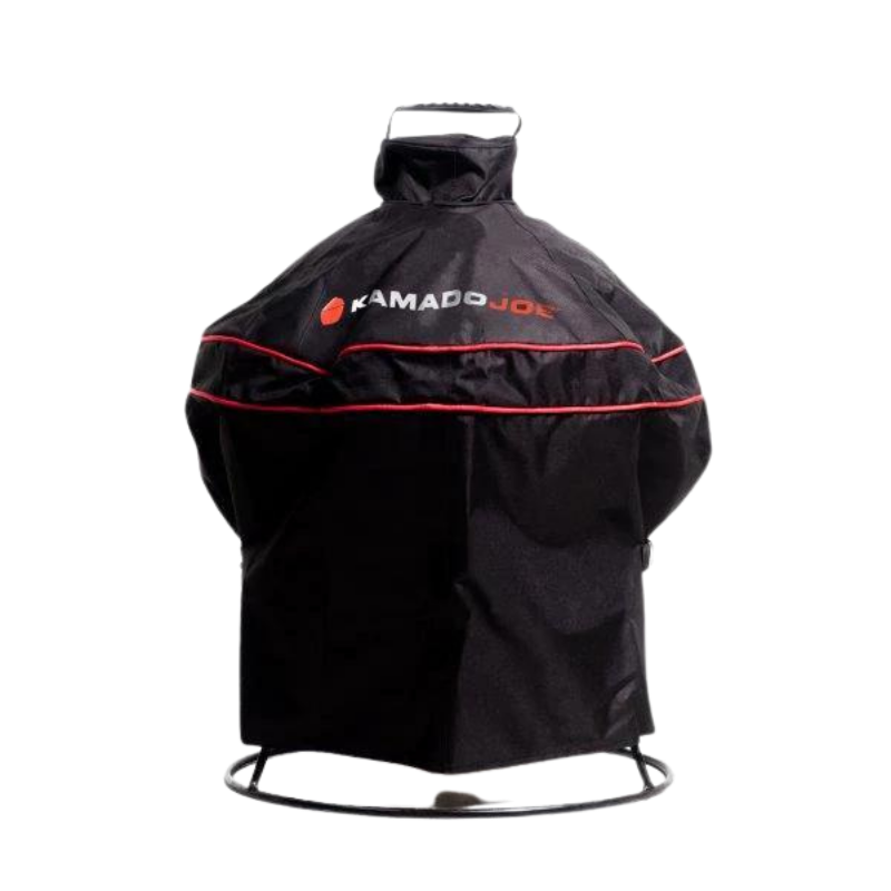 Full length, black and red fabric cover that encases the grill