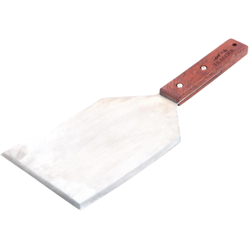 Large metal spatula with slanted edges and wooden handle