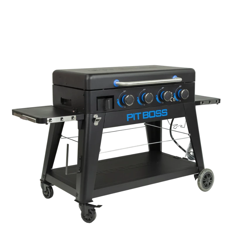 Black metal, rectangular, griddle with four burner control dials on a stand with wheels. Metal shelf on each side and a built in bottle opener on the front