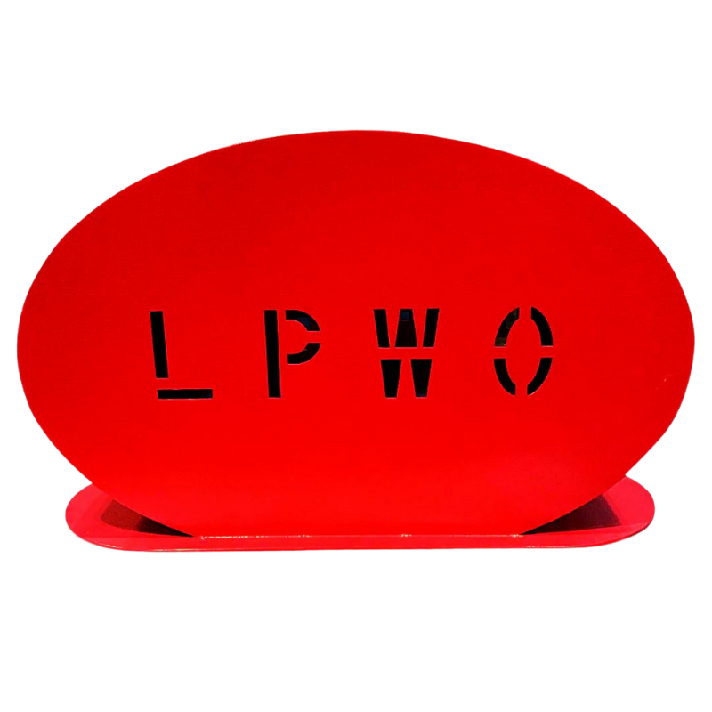 Red oval shaped stand holder for the accessory kit. LPWO is hole punched through the front