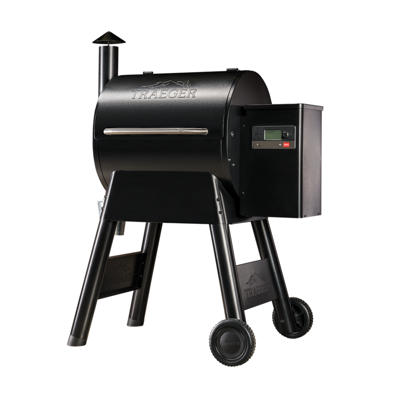 Black grill with a large, rectangular pellet hopper with controls on the right side, and a smoke stack and grease bucket on the left side