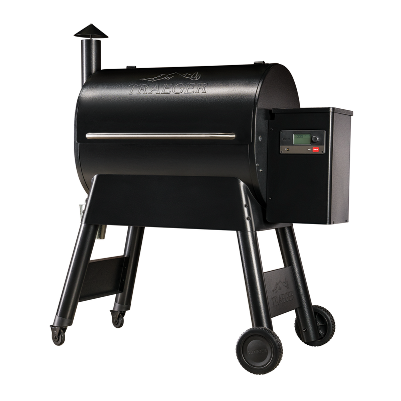 Black grill with a large, rectangular pellet hopper with controls on the right side, and a smoke stack and grease bucket on the left side