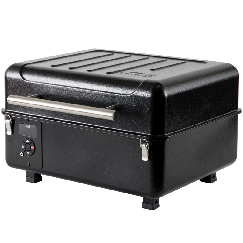 Black retangular portable grill like a suitcase with controls on the front