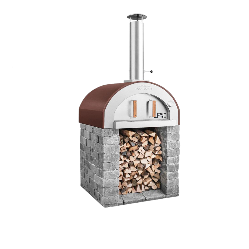 half dome shaped over with removable front door, long top smoke stack, and thermometer on the front