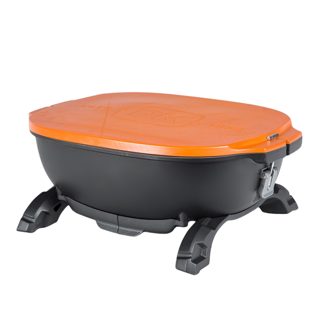 Small charcoal grill with stand and orange lid to protect cooking space