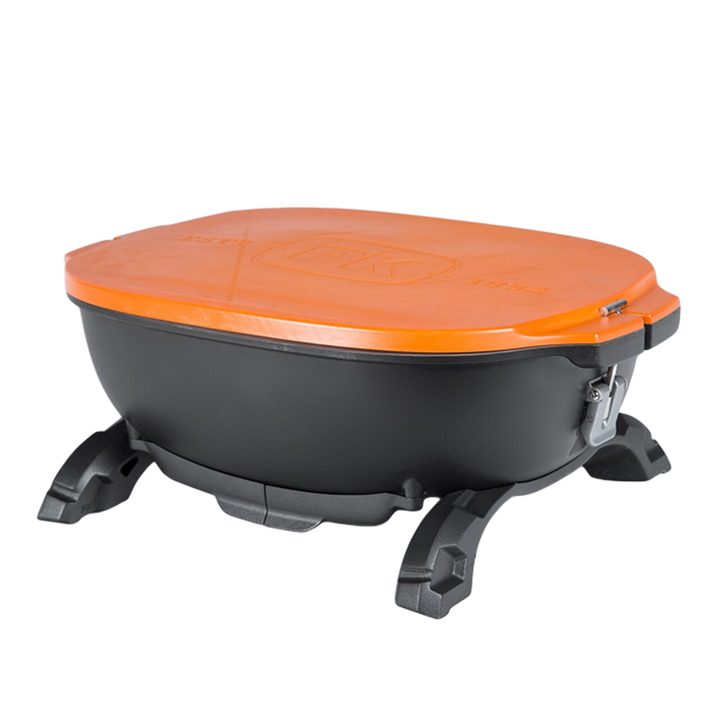 Small charcoal grill with stand and orange lid to protect cooking space