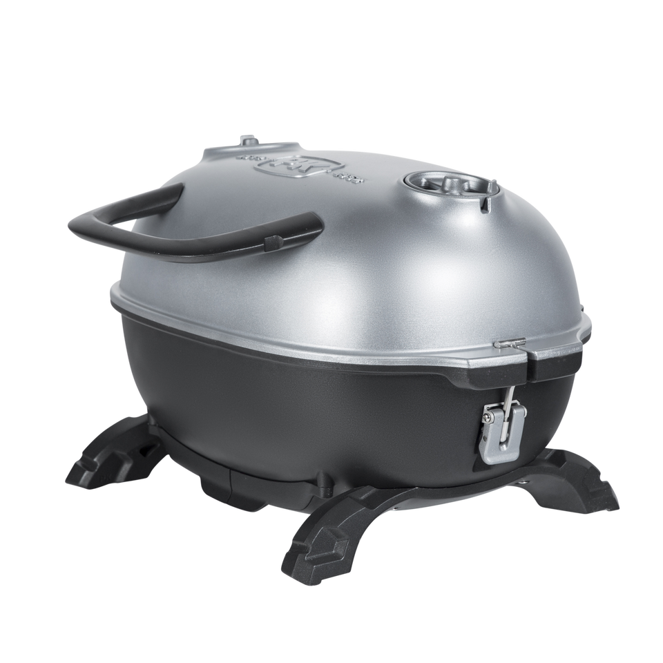 small grill with silver lid that can split into two grills