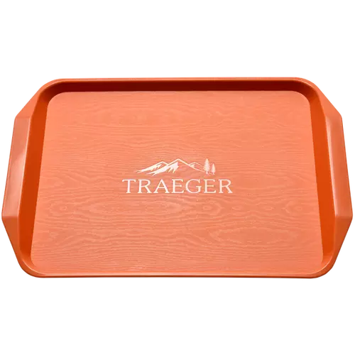 Orange, plastic BBQ tray with a wood grain design and Traeger logo