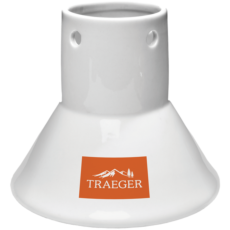 White ceramic funnel with orange Trager logo