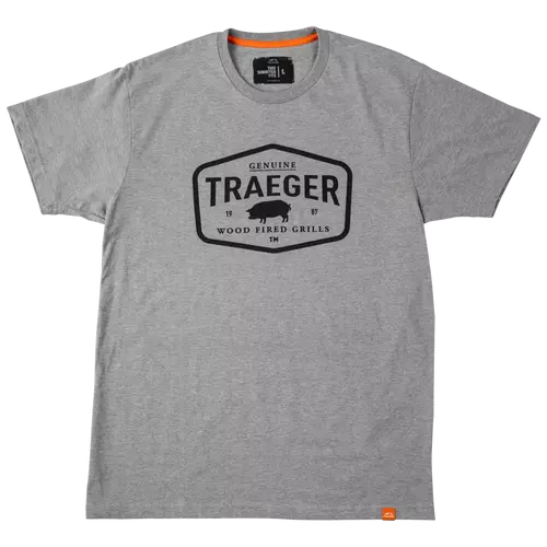 Grey heather t-shirt with certified Traeger logo in black over the chest