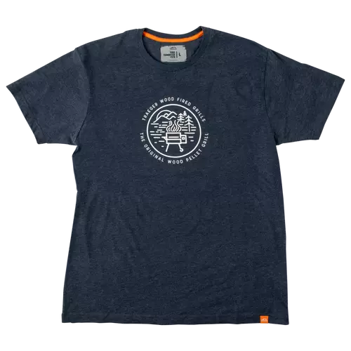 Navy blue shirt with minimalistic white traeger design, "Treager Wood Fired Grills, The Original Wood Pellet Grill"