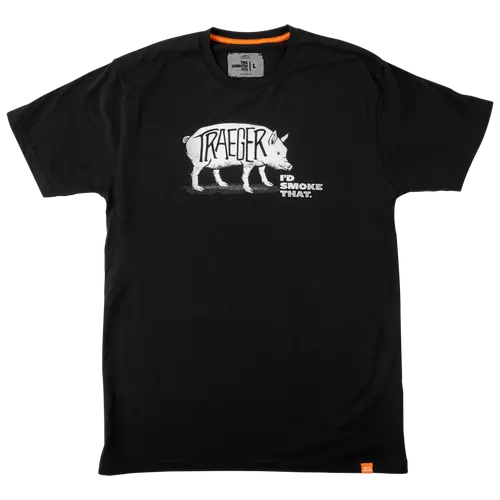Black shirt with white pig. Text: 