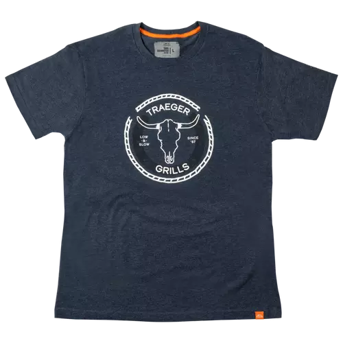 Navy blue T-shirt with a cows skull logo and the test "Traeger Grills, Low and Slow since '87"