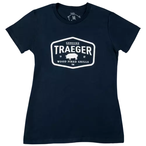 Navy blue womens t-shirt with the Traeger certified logo in white