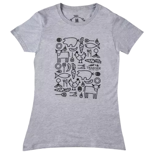 Grey Heather womens t-shirt with various animals, cooking utensils, and the Traeger logo
